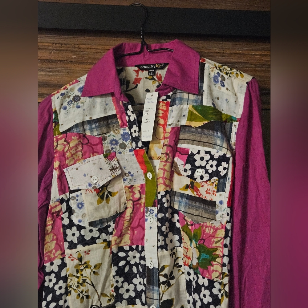 Chaudry Patch Work Button Down Blouse NWT - image 2